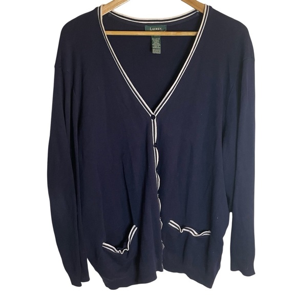 Lauren Ralph Lauren Navy Blue Button up Cardigan with White Lining Size 2X USA - Picture 1 of 7